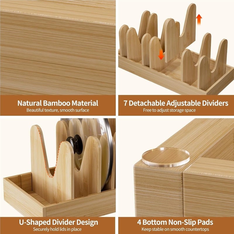 Housolution Bamboo Pot and Pan Organizer for Cabinet, Pot Lid Organizer with 7 Adjustable Dividers, Pan Holder Storage Rack with Solid Bamboo Wooden Base - Image 4
